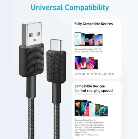 Anker 322 USB-C to USB-A 1.8 m Charge/Data Cable, 30 W Powered, Fast Charge up to 15 W - 3A/5 V, Data Transfer Rate up to 480 Mbps, Black