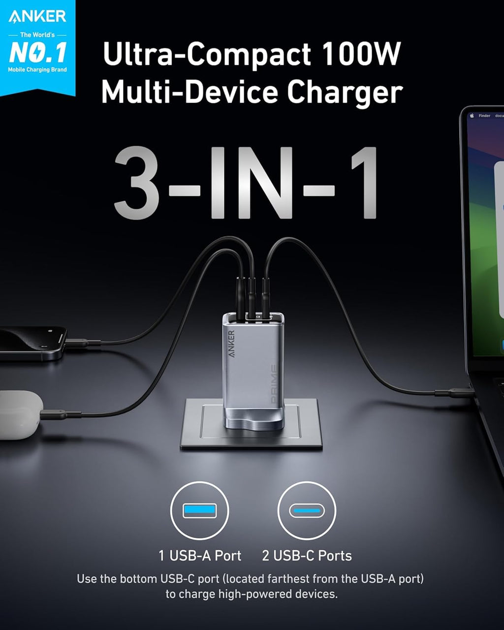 Anker Prime 100W USB C Charger, 3-Port Foldable and Compact GaN Charger, For MacBook Pro/Air, iPad Pro, iPhone 15/14 Series, Galaxy S24/S23, Note20, Pixelbook, Apple Watch, and More