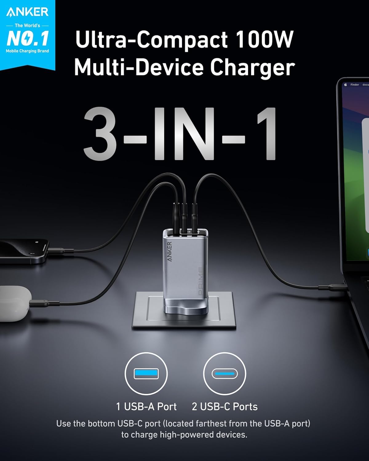 Anker Prime 100W USB C Charger, 3-Port Foldable and Compact GaN Charger, For MacBook Pro/Air, iPad Pro, iPhone 15/14 Series, Galaxy S24/S23, Note20, Pixelbook, Apple Watch, and More