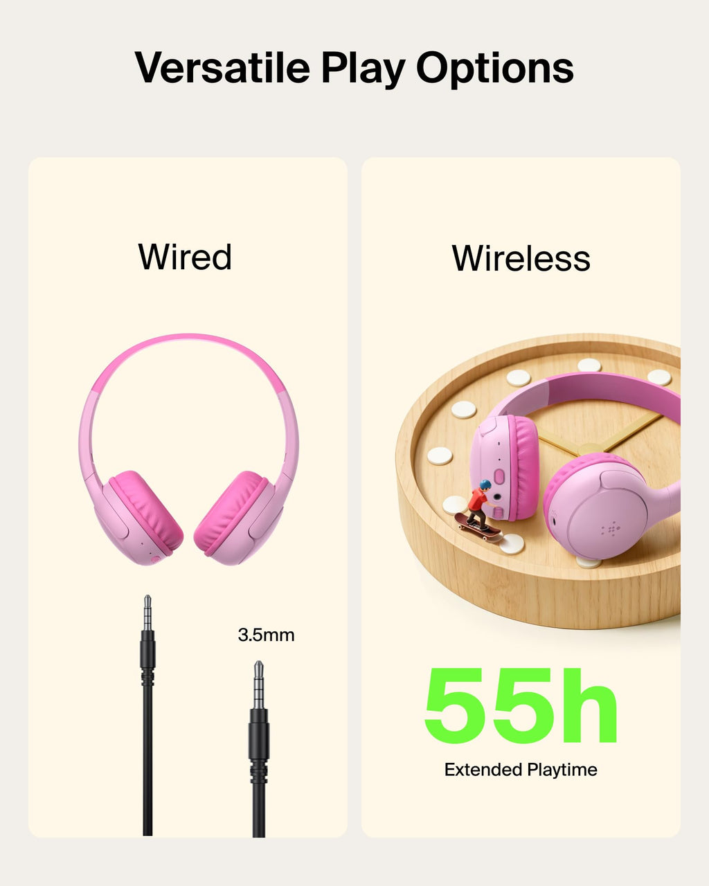 Belkin SoundForm Mini 2 Wireless Headphones for Kids, On-Ear Bluetooth Headphones, 55H Playtime, 85dB Safe Volume Limit, Built-in Microphone, Kids Earphones with Case for iPhone/iPad/Tablet - Pink