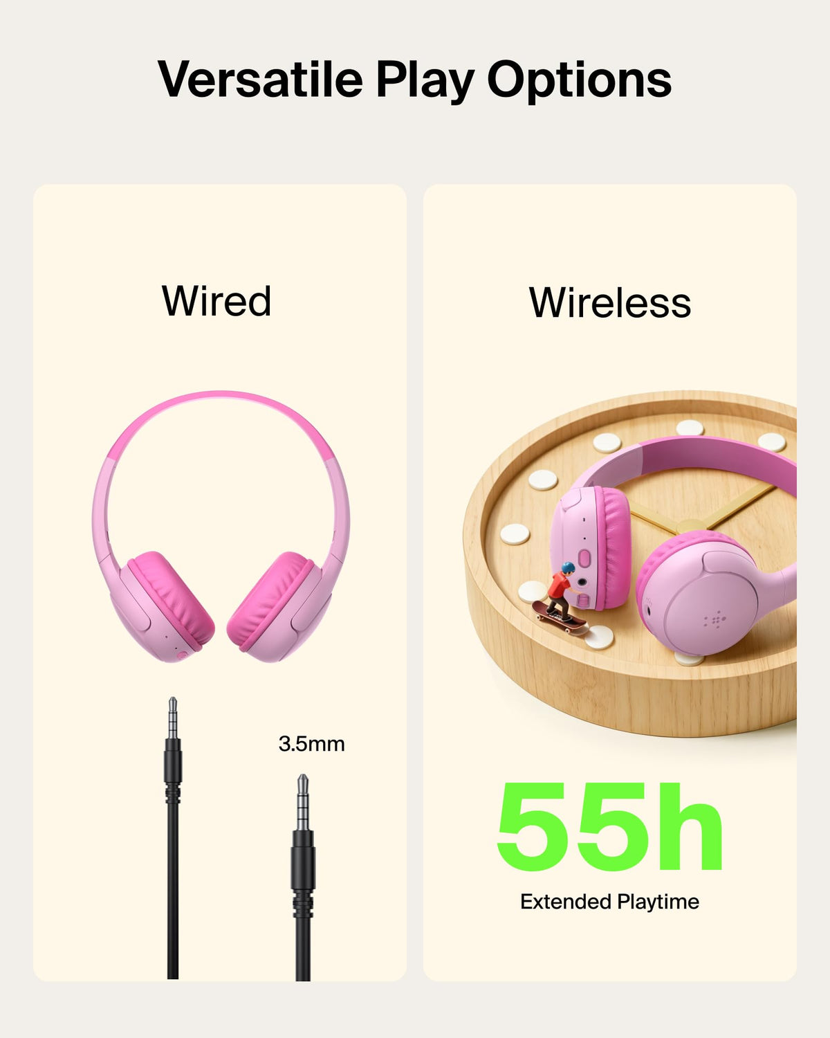 Belkin SoundForm Mini 2 Wireless Headphones for Kids, On-Ear Bluetooth Headphones, 55H Playtime, 85dB Safe Volume Limit, Built-in Microphone, Kids Earphones with Case for iPhone/iPad/Tablet - Pink