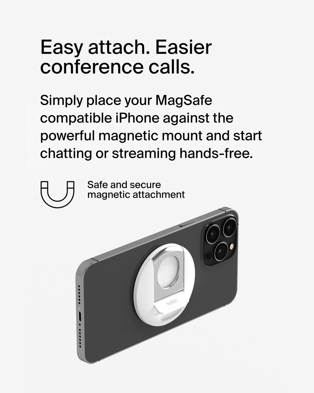 Belkin MagSafe Camera Mount for MacBook, Magnetic Continuity Camera Mount, Turn Phone to Webcam, Compatible with MacBook Pro, Air, iPhone 16, 15, 14, 13 series with ring grip - White