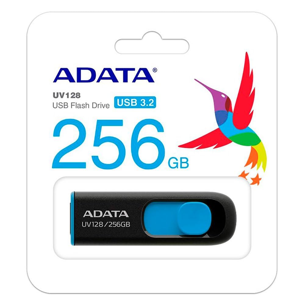 ADATA 256GB USB 3.0 Memory Pen, UV128, Retractable, Capless, Black & Blue