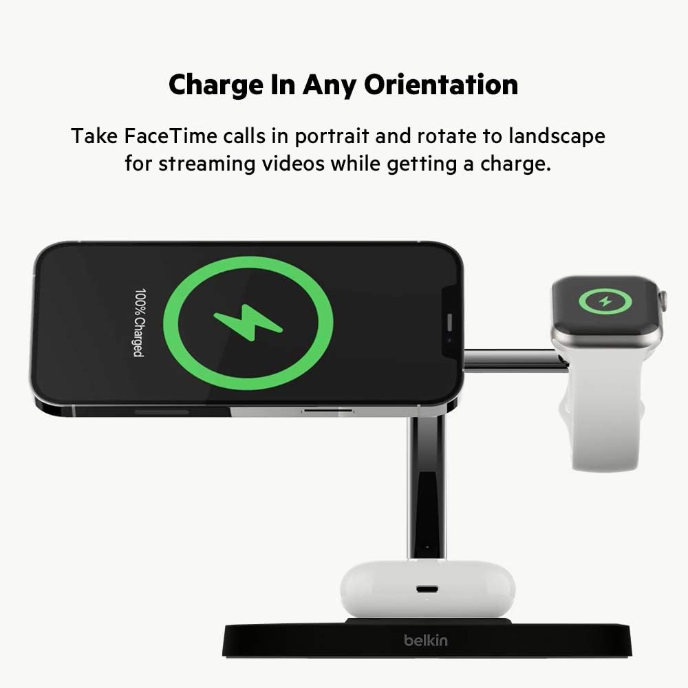 Belkin BoostCharge PRO 3-in-1 Wireless Charger with MagSafe for iPhone 14, iPhone 13, iPhone 12 + Apple Watch + AirPods (Magnetically Charges iPhone Models up to 15W)