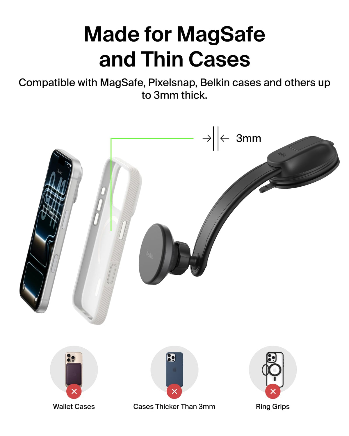 Belkin Wireless Car Charger, Magnetic Car Vent Mount & Dash Mount with USB C Cable, MagSafe Compatible Fast Charging for iPhone 17, Galaxy S25, Pixelsnap, & More - Qi2 Travel Car Accessories - Black