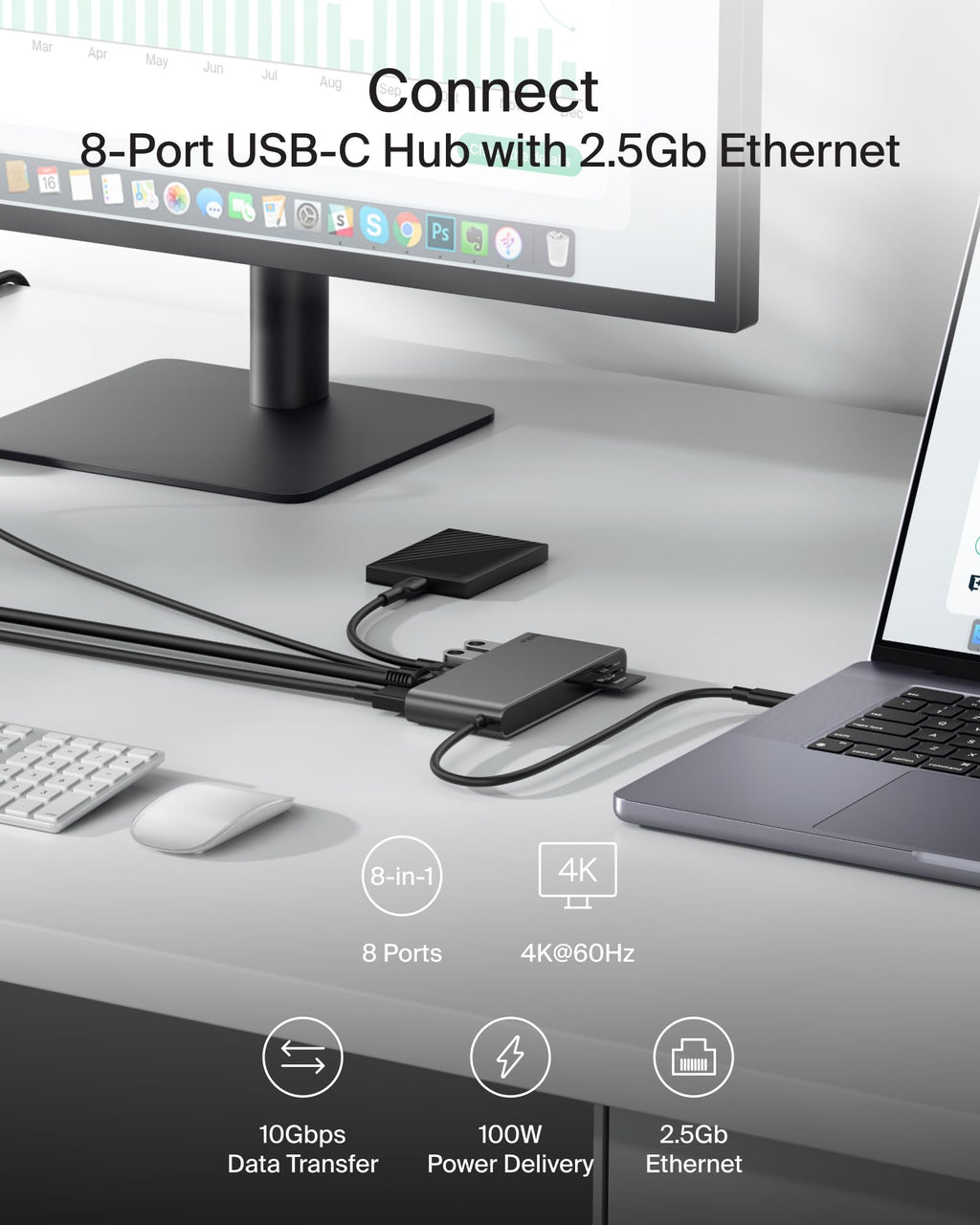 Belkin Connect 8-Port USB C Hub, Supports Display w/Resolutions up to 4K@60Hz - Works with Mac, Windows, and Chromebook - 100W PD w/ 10Gbps Data Transfer Speeds & 2.5Gbps Ethernet - Grey