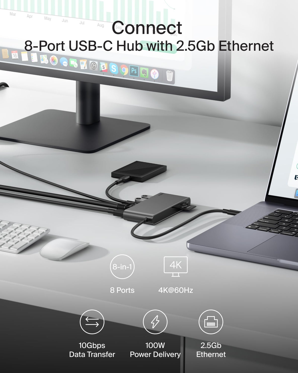 Belkin Connect 8-Port USB C Hub, Supports Display w/Resolutions up to 4K@60Hz - Works with Mac, Windows, and Chromebook - 100W PD w/ 10Gbps Data Transfer Speeds & 2.5Gbps Ethernet - Grey