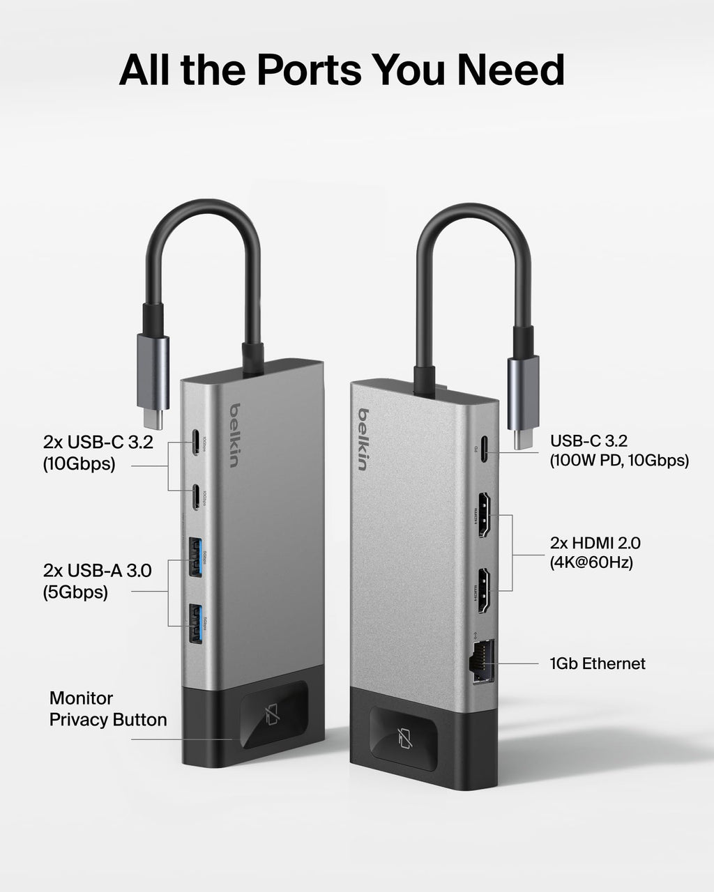 Belkin USB C Hub, 8-in-1 Multi-Port Docking Station 100W - Dual Display Support for Mac, Windows and Chromebook w/ 10Gbps Data Transfer Speeds, Ethernet, Resolutions up to 4K@60Hz