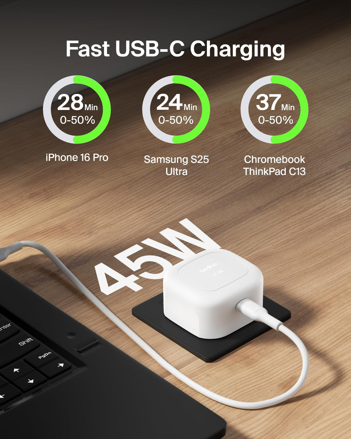 Belkin Compact Wall Charger 45W, USB-C Power Delivery Fast Charging for Apple iPhone 17, iPhone Air, iPhone 16 Serie, Samsung Galaxy S25, Google Pixel, iPad, AirPods & More - White