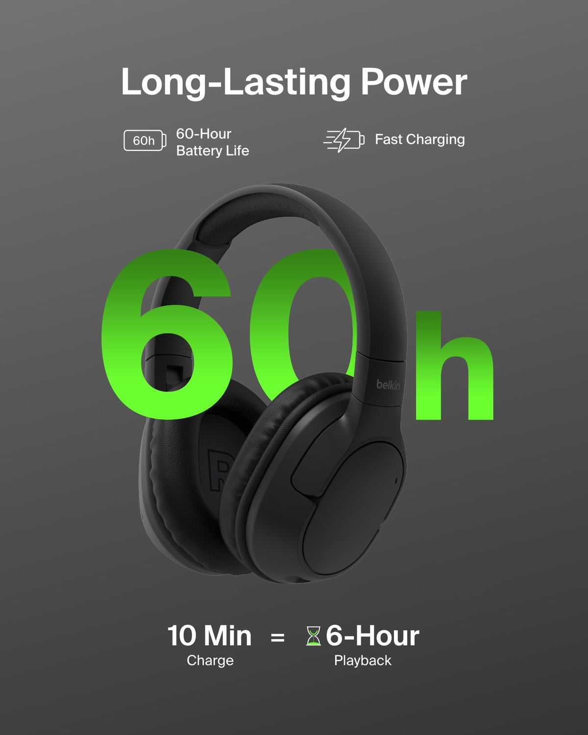 Belkin SoundForm Surround Bluetooth Over-Ear Headphones, Environmental Noise Cancelling Headphones, Wireless with 60H Playtime and Soft Ear Cups for iPhone, Galaxy, iPad, Travel, Home or Office, Black