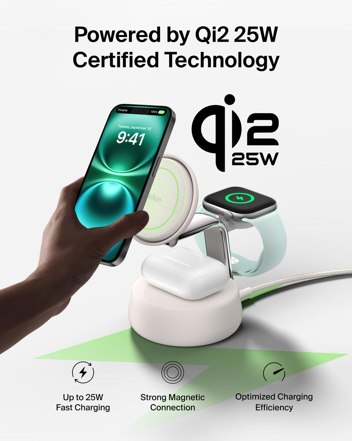 Belkin UltraCharge Pro 25W 3 in 1 Wireless Charging Station, Qi2.2 - Sand