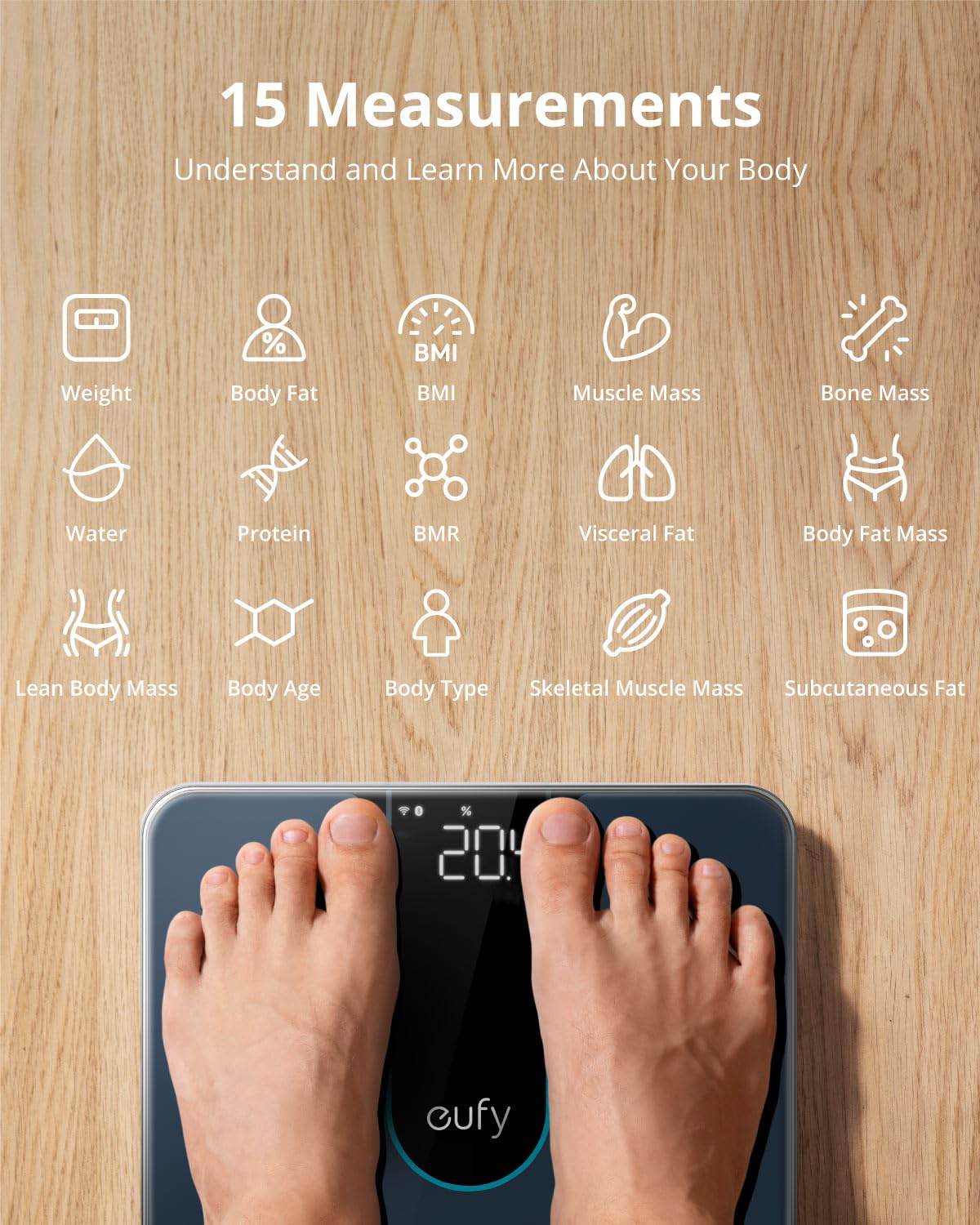 eufy Scales for Body Weight, Digital Bathroom Scales with Bluetooth, Wi-Fi, 15 Measurements, Weight, Body Fat, BMI, Muscle & Bone Mass, 3D Virtual Model, High Accuracy, IPX5 Waterproof, Smart Scale P2