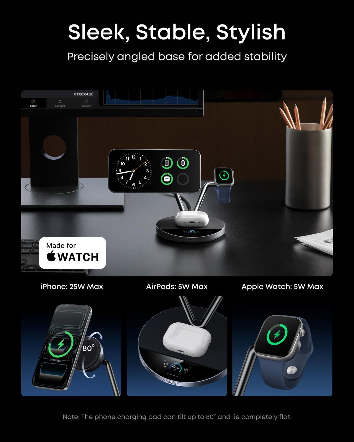 Anker Prime 3-in-1 Wireless Charger Dock Stand, Qi2‑Certified 25W