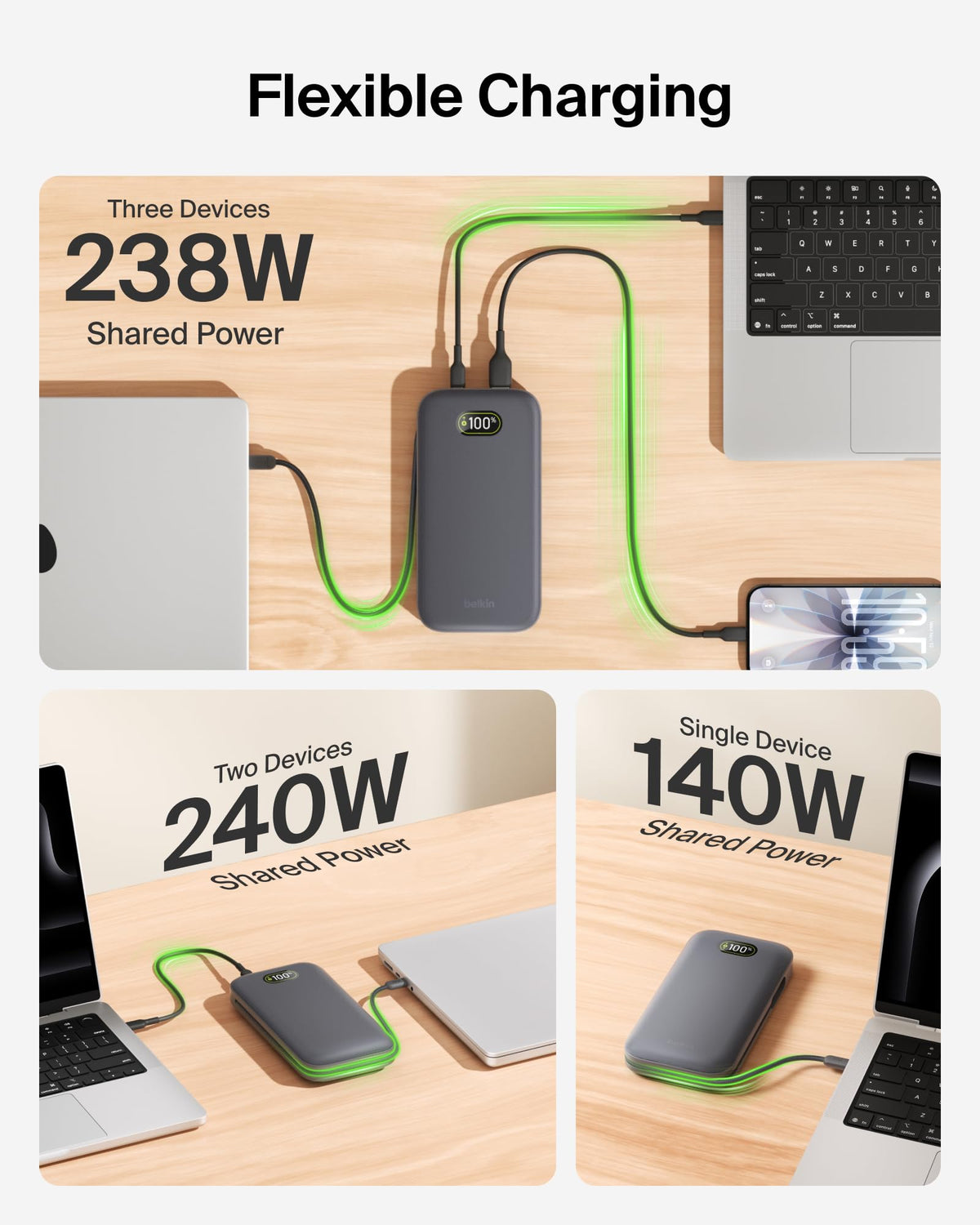 Belkin UltraCharge Pro Power Bank 27000mAh, Portable Charger with Integrated USB C Cable, 240W USB PD - Fast Charging Battery Pack for MacBook Pro, iPhone, iPad, Galaxy, Pixel & More - Charcoal