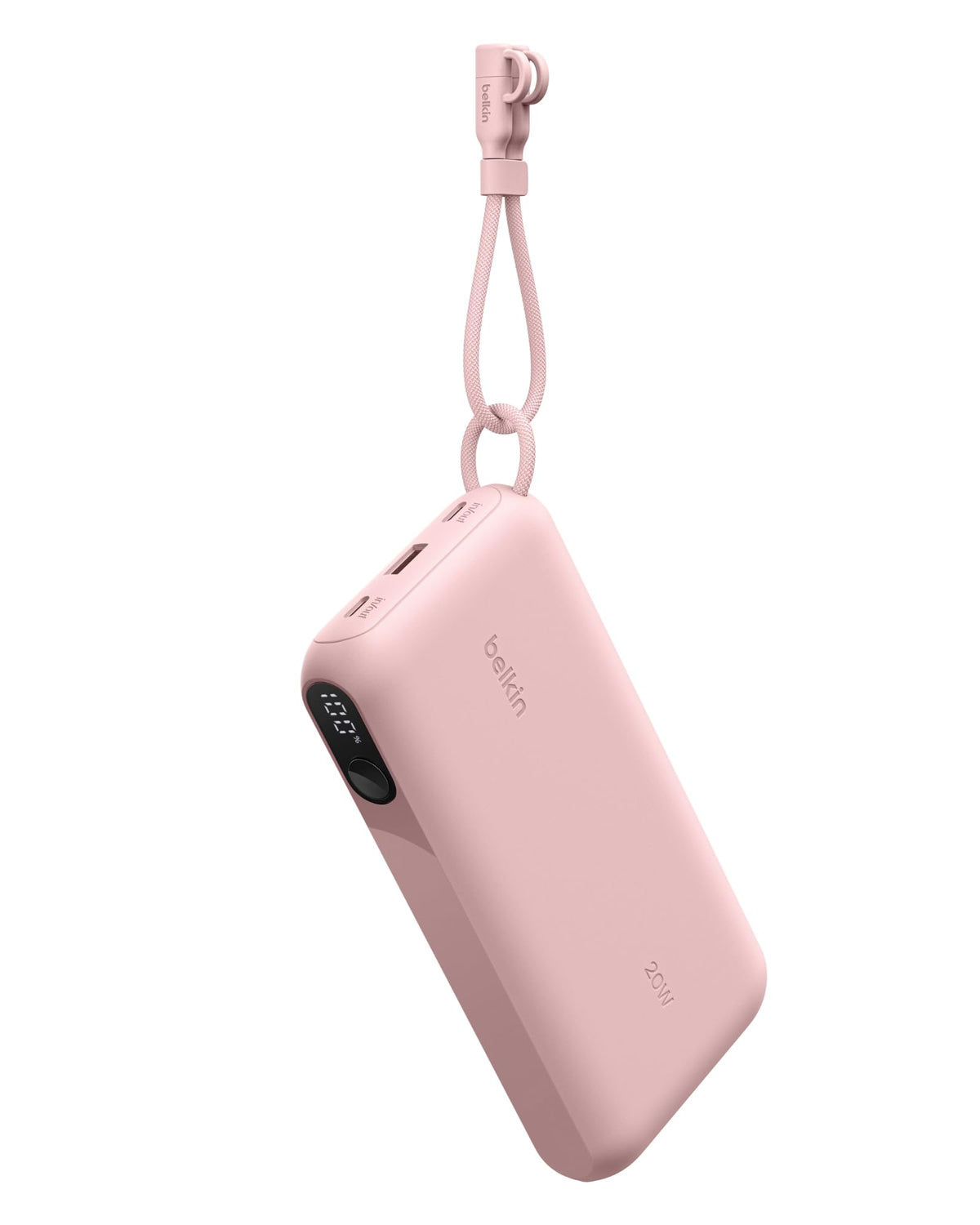 Belkin Portable Charger, USB-C Power Bank 20,000mAh with 2x Type C Ports & 1x USB-A Port, Digital Battery Display, 20W Charging for iPhone 17 Series, Samsung Galaxy S25, Pixel 10, iPad, & More - Pink