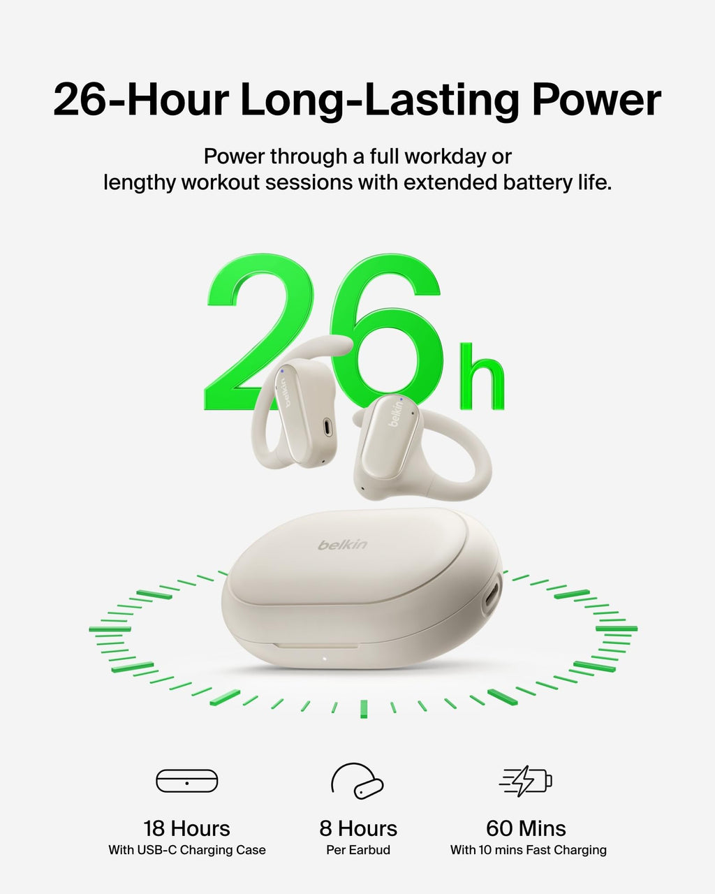 Belkin SoundForm ClearFit Open-Ear Headphones, lightweight wireless earphones with ENC, Bluetooth earbuds with ear hooks, clear calls, 26H playtime, IPX5 running and gym headphones for sports - Sand