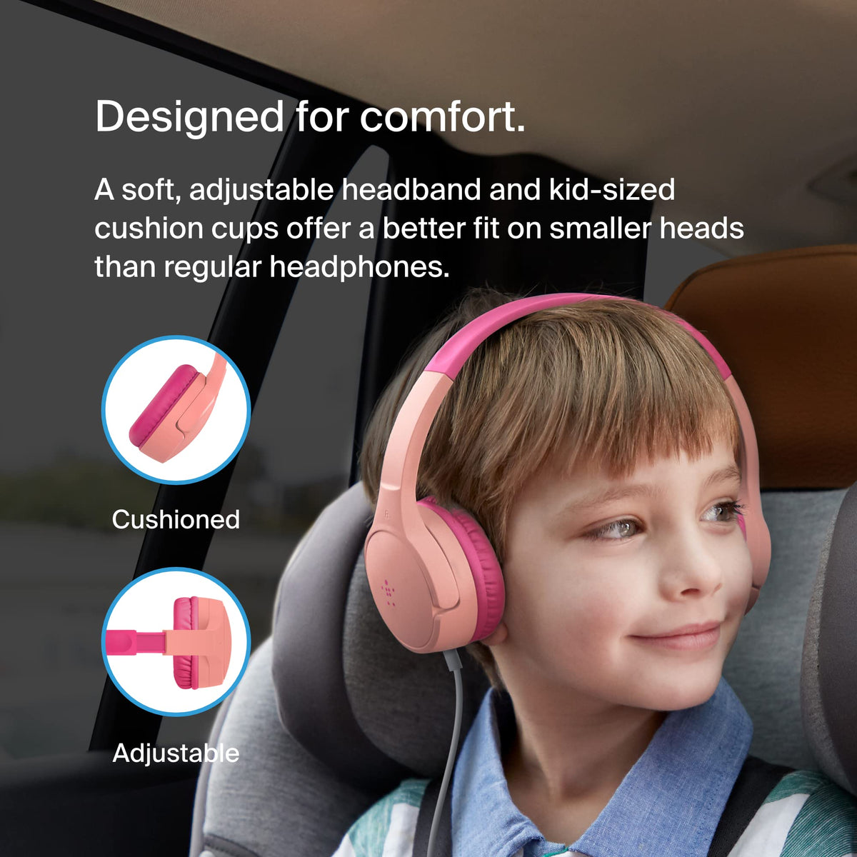 Belkin SoundForm Mini Wired On-Ear Headphones for Kids, Over-Ear Headset for Children with inline Microphone for Online Learning, School, Travel, Play, For 3.5mm Compatible Devices - Pink