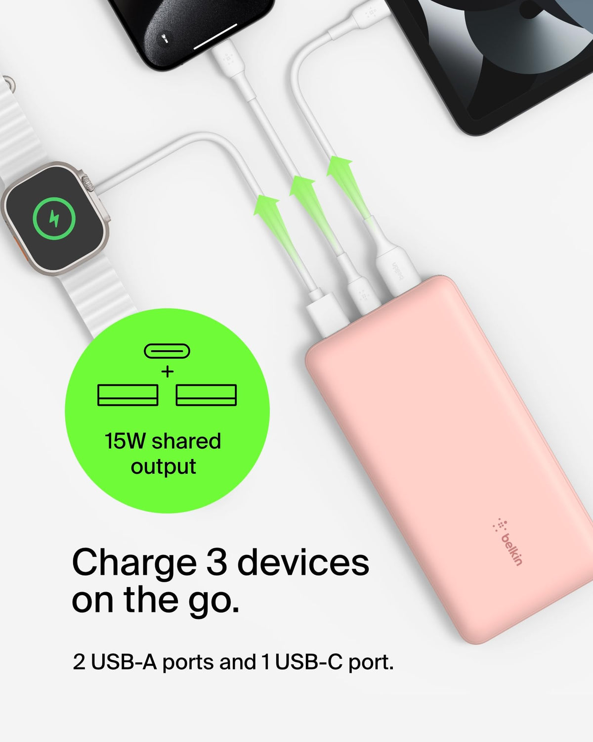 Belkin USB C Portable Charger 20000mAh, 20K Power Bank with USB Type C Input Output Port and 2 USB A Ports with Included USB C to A Cable for iPhone, Galaxy, Pixel, iPad, AirPods and More – Rose Gold