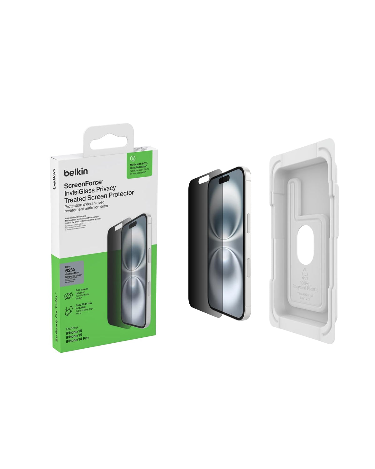 Belkin ScreenForce InvisiGlass iPhone 16 Privacy Screen Protector, scratch-resistant impact protection, easy align tray for bubble free application, recycled glass for iPhone 16, iPhone 15, 14 Pro