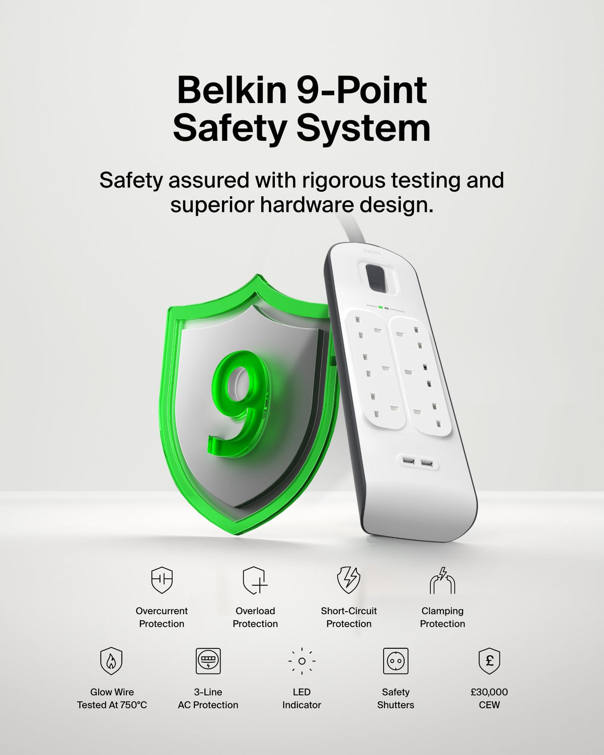 Belkin Extension Lead with USB Slots x 2 (2.4 A Shared), 6 Way/6 Plug Extension, 2m Surge Protected Power Strip - White