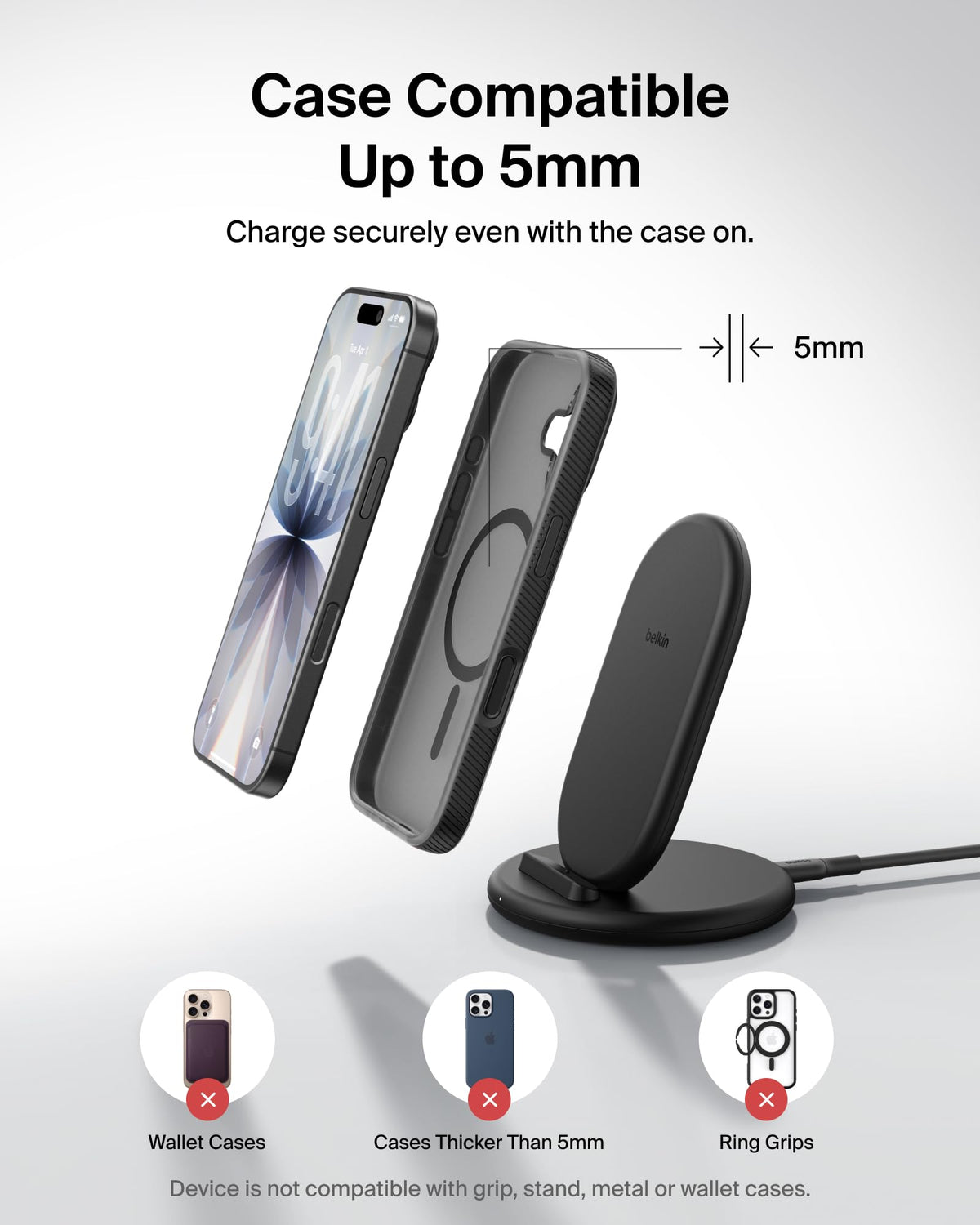 Belkin BoostCharge Wireless Charging Stand, Phone Case Compatible, Wireless Charger for Apple iPhone, Samsung Galaxy, Google Pixel and more, 20W Power Supply and Cable Included - Black