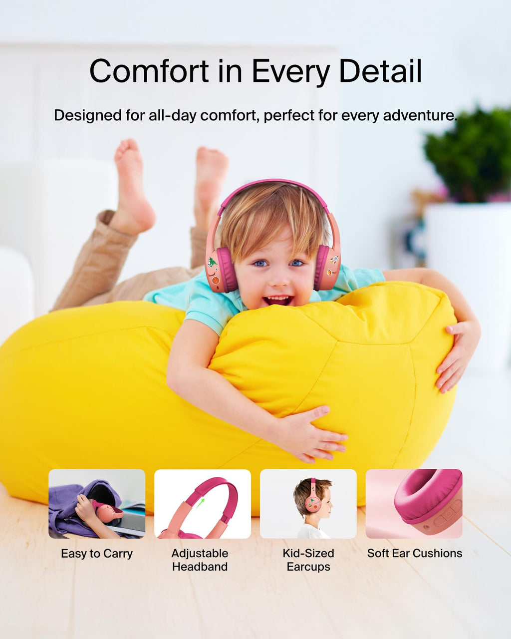 Belkin SoundForm Mini Kids Wireless Headphones with Built-In Microphone, 30H of Playback Time, & Fun Stickers - Over-Ear Headsets for Online Learning, School, Travel, iPhone, iPad, Galaxy - Pink