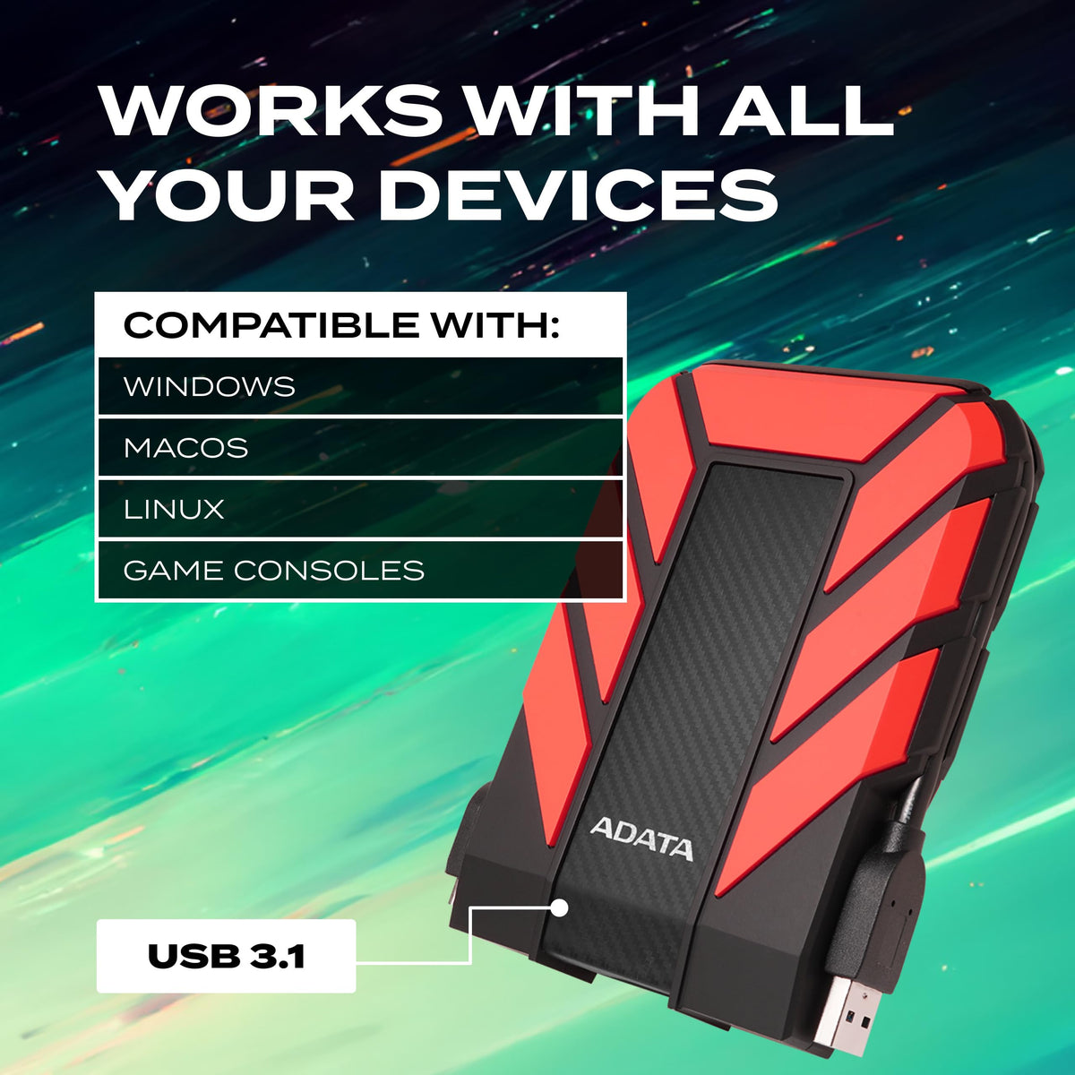 ADATA HD710 Pro 2TB HDD, USB 3.1, IP68 Waterproof/Shockproof/Dustproof Ruggedized External Hard Drive, Red (AHD710P-2TU31-CR)