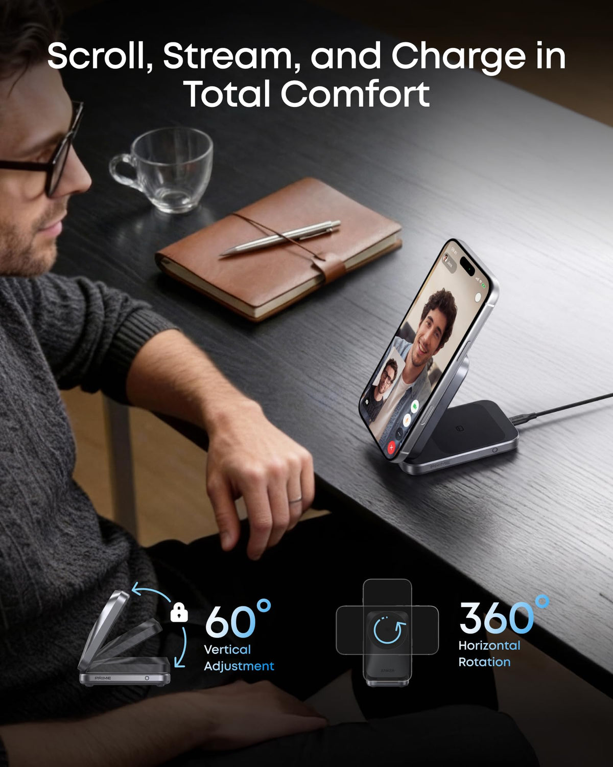 Anker Prime 3‑in‑1 Wireless Charger, Qi2‑Certified 25W, MagSafe‑Compatible