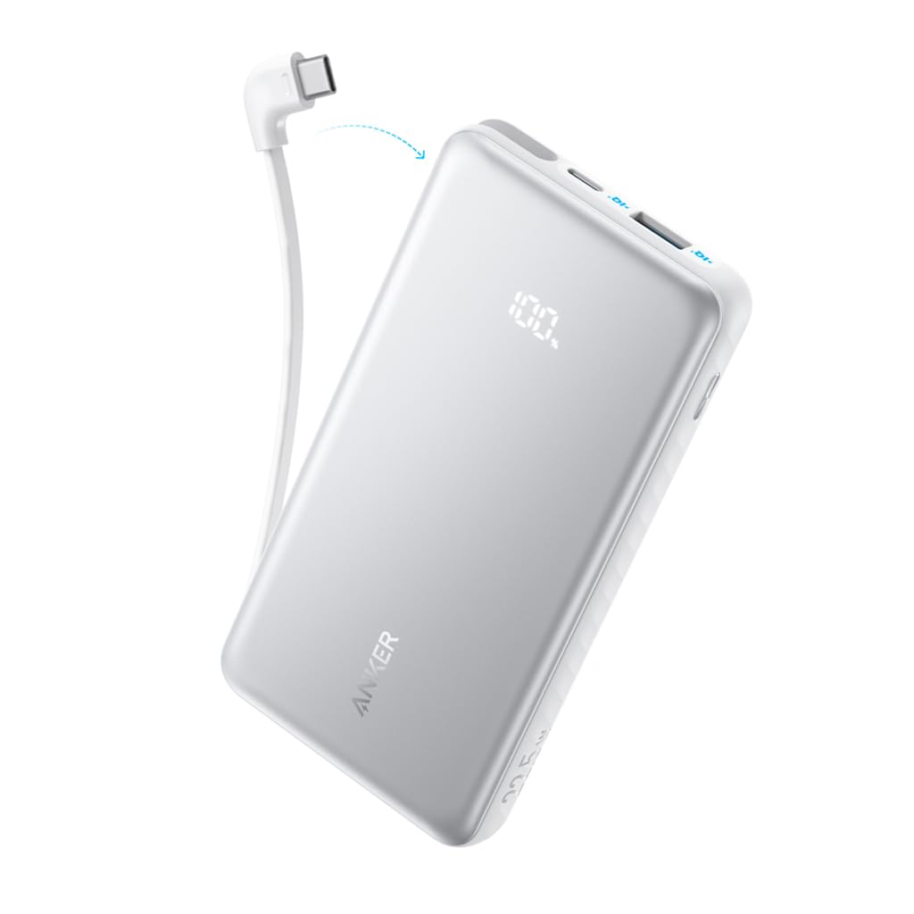 Anker Zolo Powerbank 10,000mAh 22.5W Portable Charger with Built-in USB-C Cable for iPhone 16/17 Series, iPad, Galaxy, Pixel and More (White)