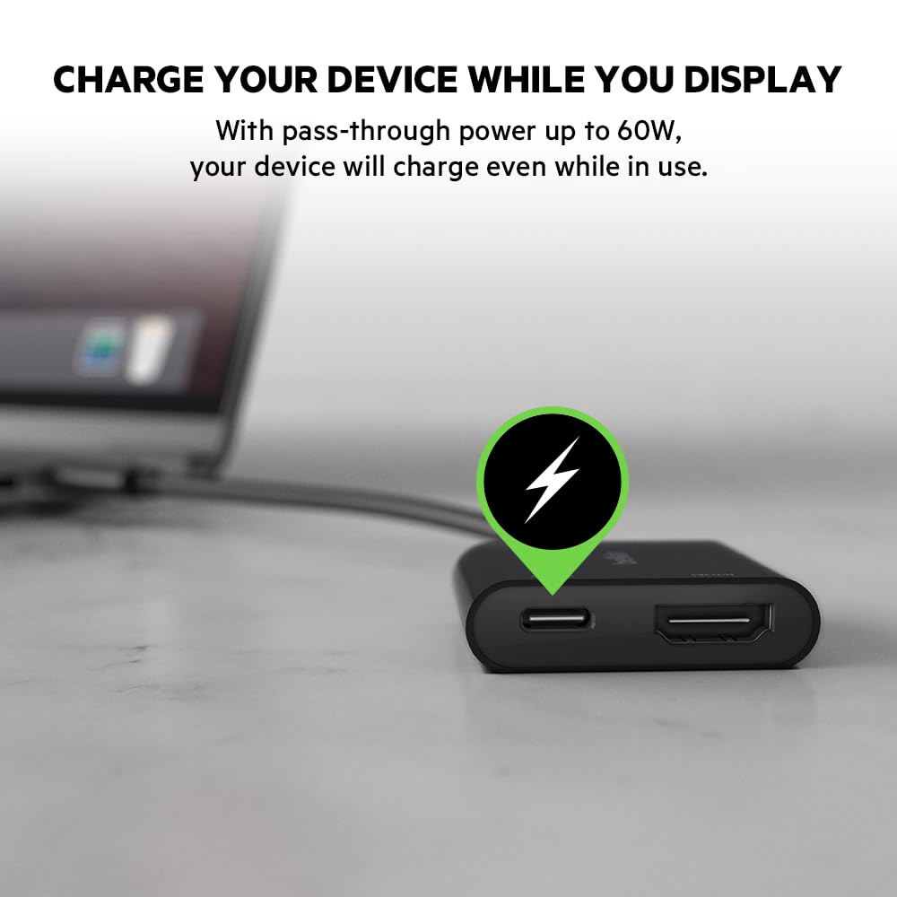 Belkin USB-C to HDMI Adapter + Charging (4K UHD Video Support, Power Passthrough up to 60W for Connected Devices)