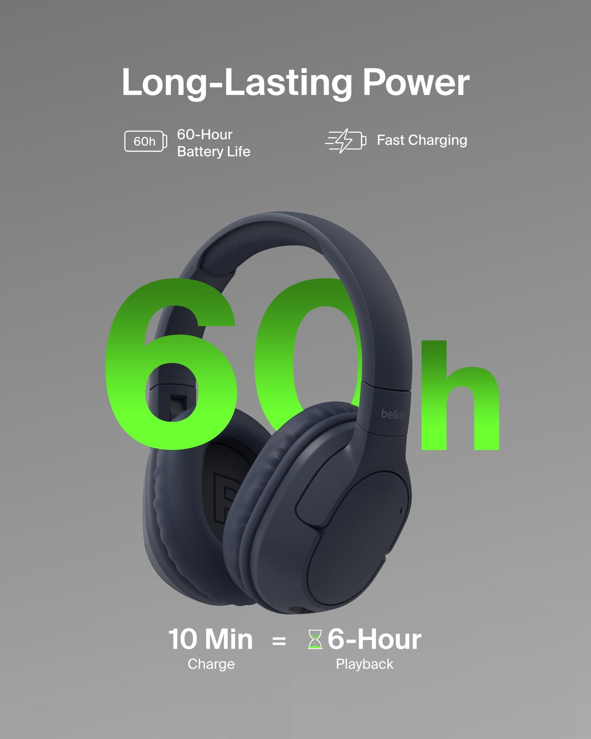 Belkin SoundForm Surround Bluetooth Over-Ear Headphones, Environmental Noise Cancelling Headphones, Wireless with 60H Playtime and Soft Ear Cups for iPhone, Galaxy, iPad, Travel, Home or Office, Blue