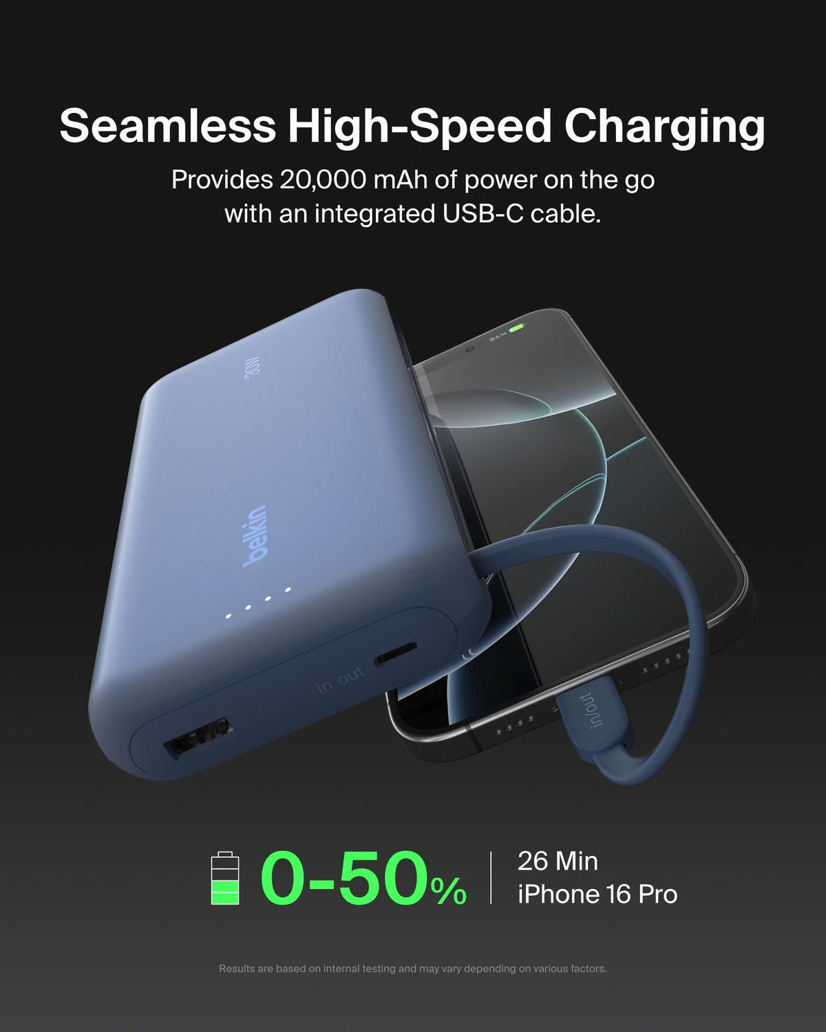 Belkin BoostCharge 20000mAh Power Bank with Integrated USB-C Cable - Blue