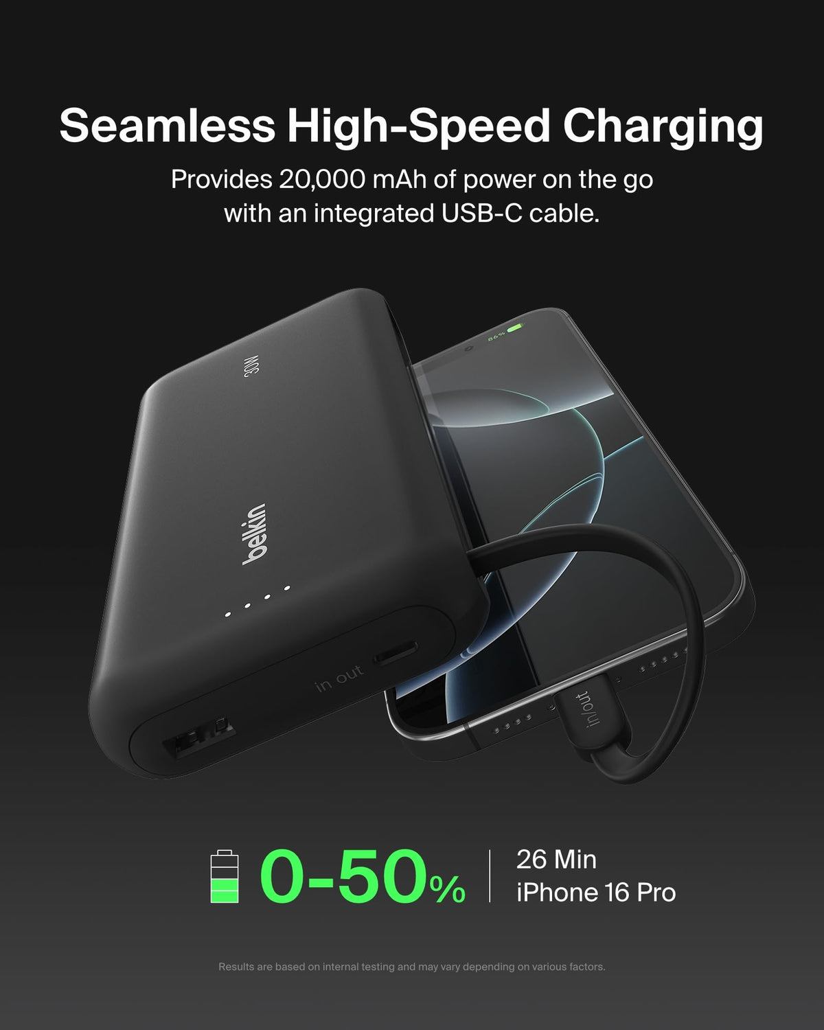 Belkin Portable Charger, Power Bank with Integrated Cable 20K PD 30W - Fast Charging USB-C Power Delivery, Portable Charger for iPhone 16 Series, iPad Pro, Galaxy S25 Series, and More - Black