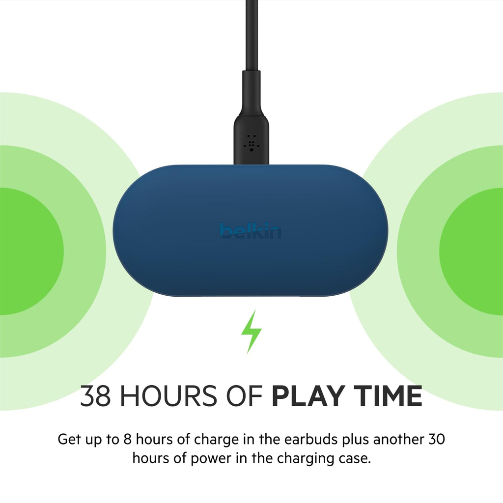 Belkin SOUNDFORM Play True Wireless Earbuds, Wireless Earphones with 3 EQ Presets, IPX5 Sweat and Water Resistant, 38 Hours Play Time for iPhone, Galaxy, Pixel and More - Blue