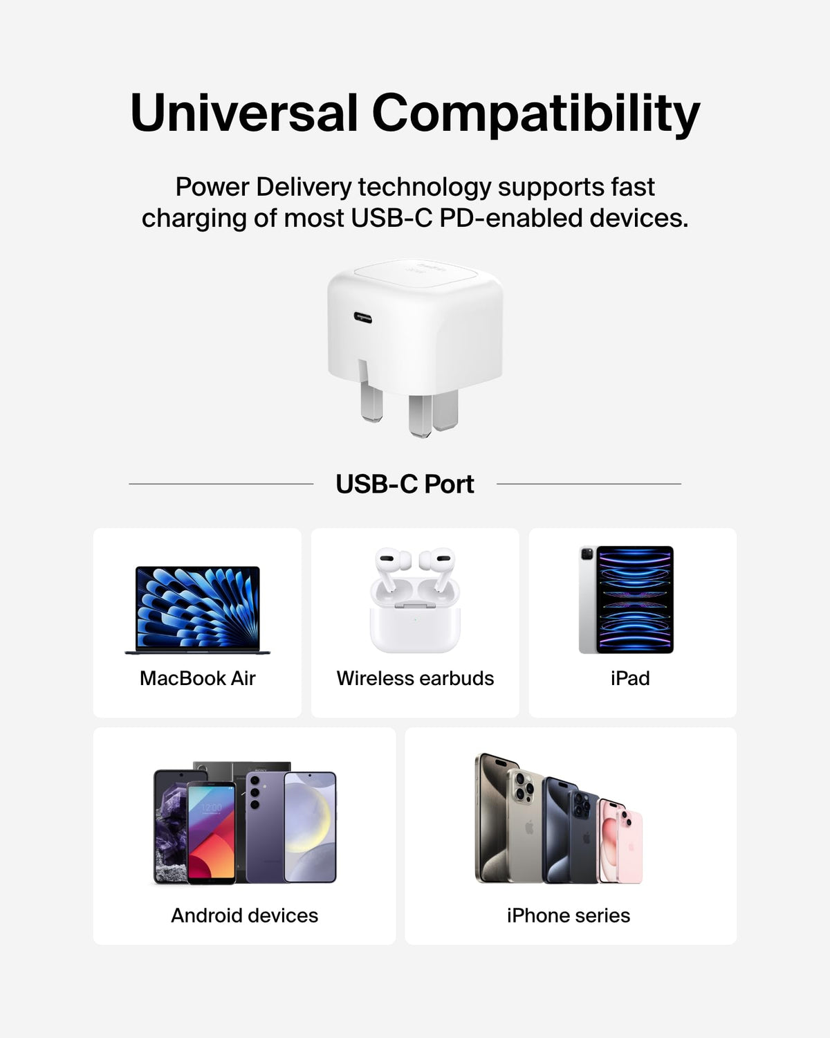 Belkin BoostCharge Compact Wall Charger 30W, Travel-friendly USB-C Power Delivery Fast Charging for Apple iPhone 17, Air, 16, 15, 14, Samsung Galaxy S25, Pixel, iPad, AirPods, Tablet & More - White