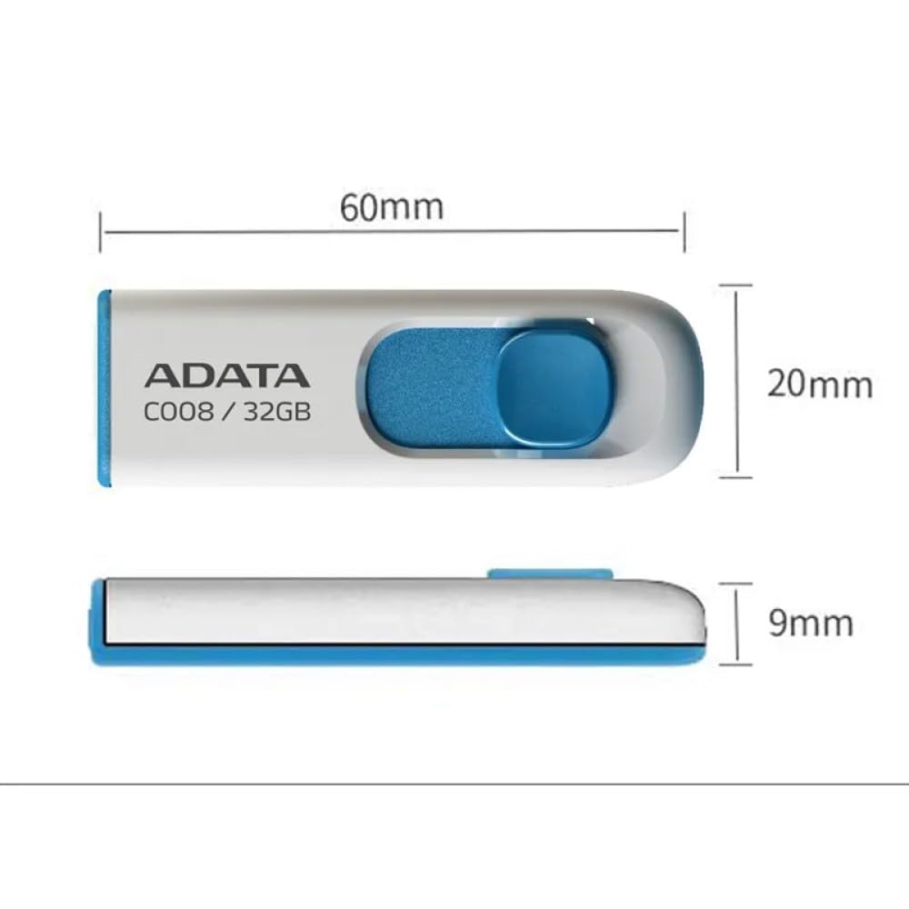 ADATA C008 16GB USB 2.0 Retractable Capless Flash Drive, White/ Blue (AC008-16G-RWE)