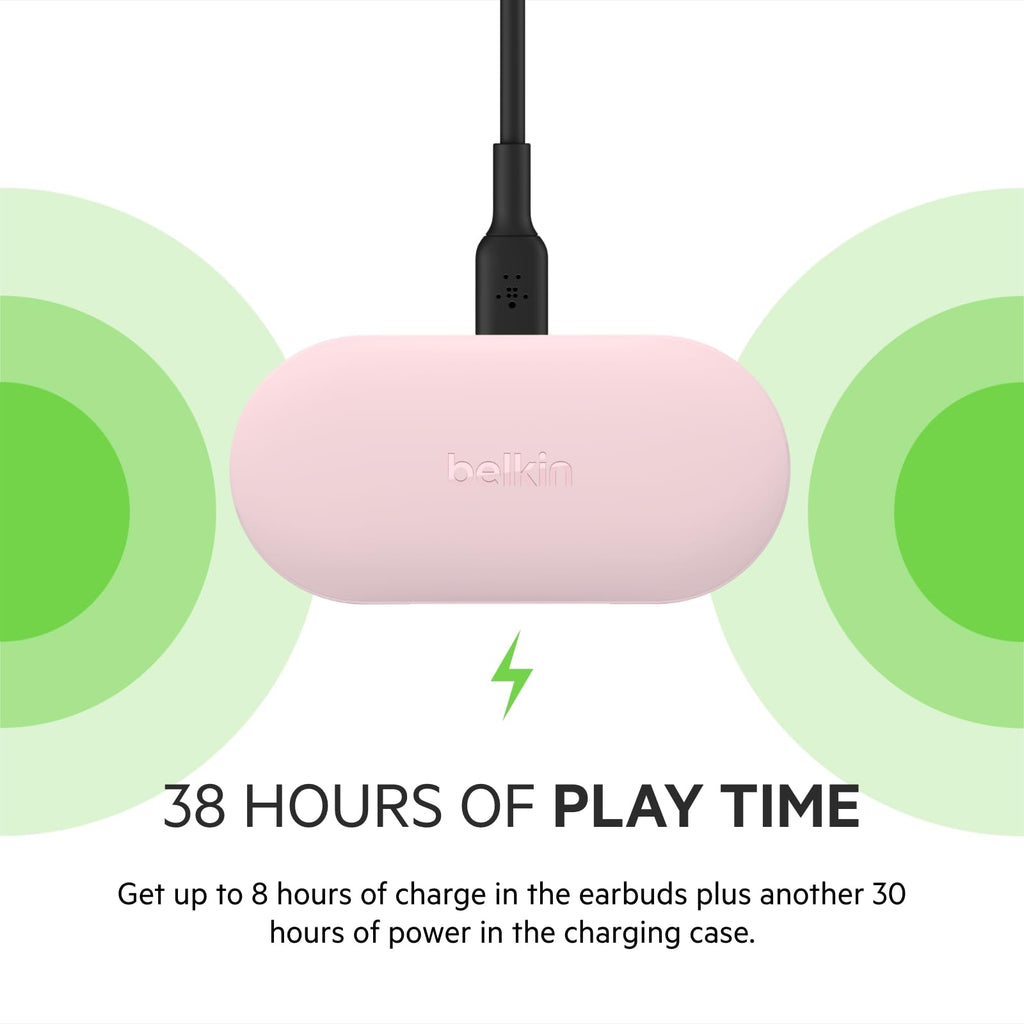 Belkin SOUNDFORM Play True Wireless Earbuds, Wireless Earphones with 3 EQ Presets, IPX5 Sweat and Water Resistant, 38 Hours Play Time for iPhone, Galaxy, Pixel and More - Pink