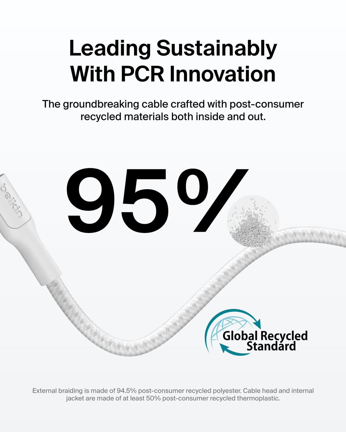 Belkin Eco Braided USB-C to USB-C Cable (1M, 240W) - Soft, Flexible Fast-Charging Cable, Type C Charger Cord for iPhone 16, Galaxy S25, Pixel 9, MacBook, iPad Pro, & More - White (USB 2.0)