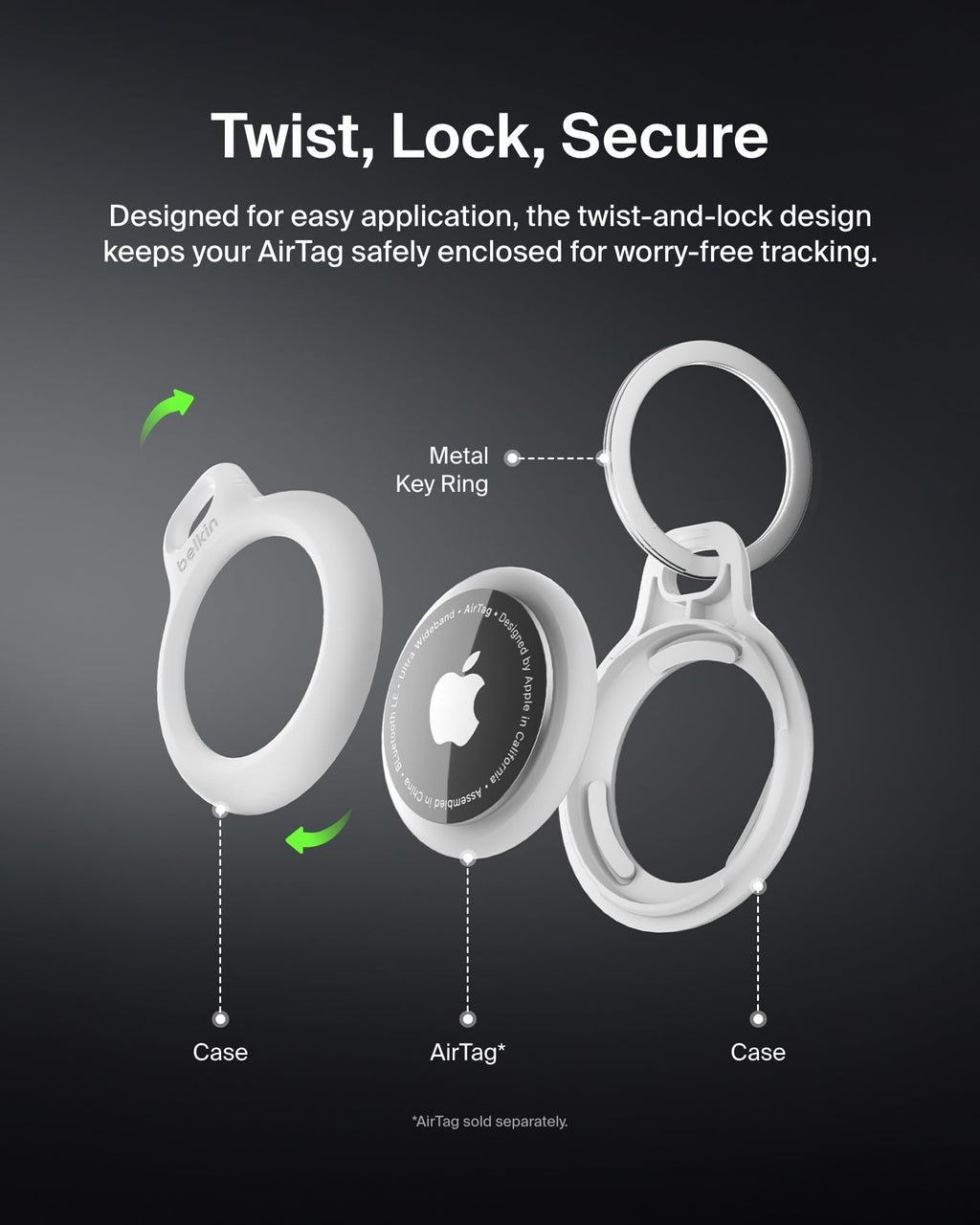 Belkin F8W973 AirTag Case with Key Ring (Secure Holder Protective Cover for Air Tag with Scratch Resistance Accessory) - White