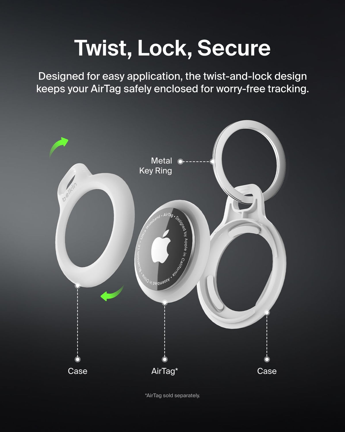 Belkin F8W973 AirTag Case with Key Ring (Secure Holder Protective Cover for Air Tag with Scratch Resistance Accessory) - White