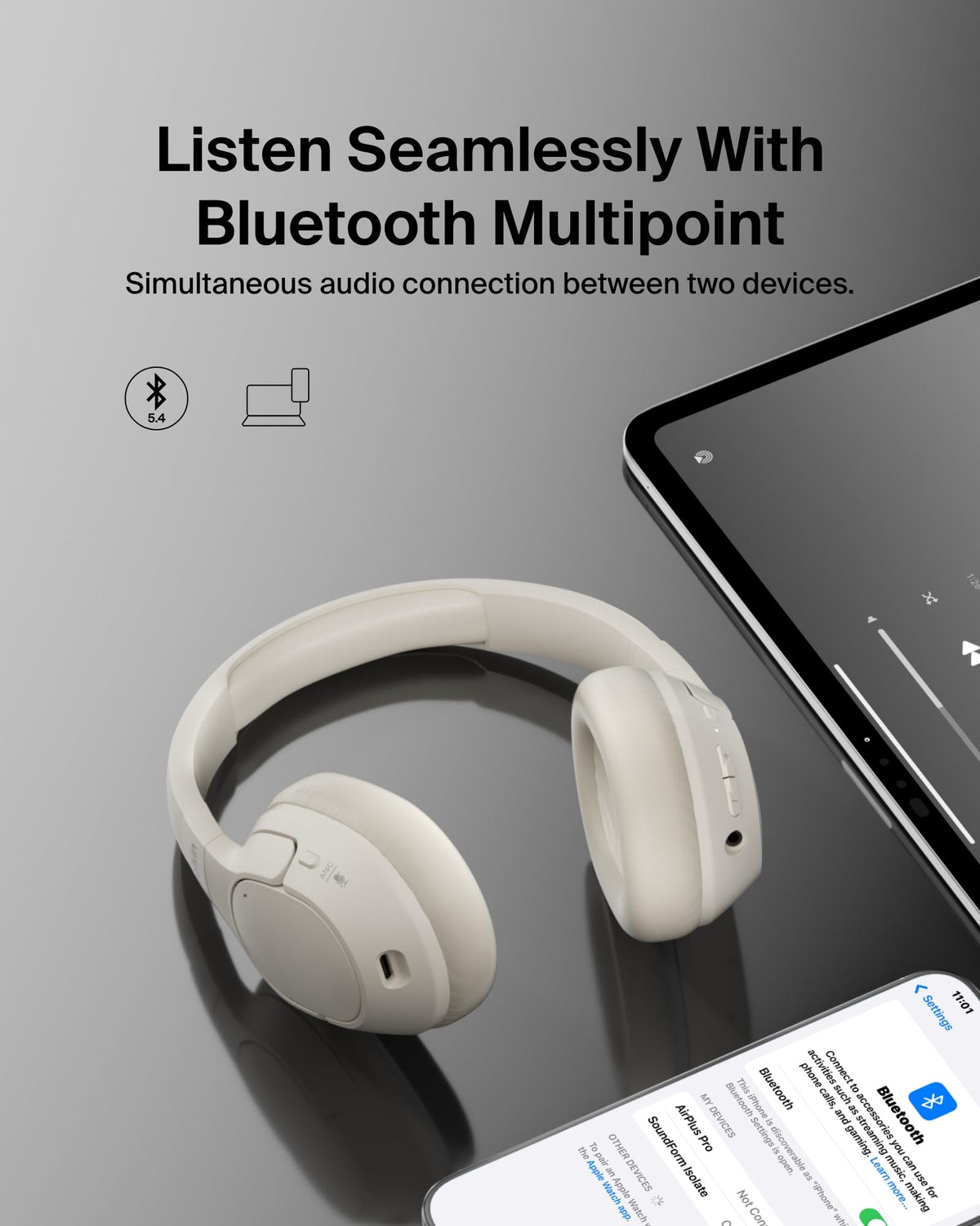 Belkin SoundForm Isolate Noise-Cancelling Wireless Headphones, over ear headphones with mic, Bluetooth headphones with 60H playtime, deep bass, CloudCushion ear cups for travel, home, office - Beige