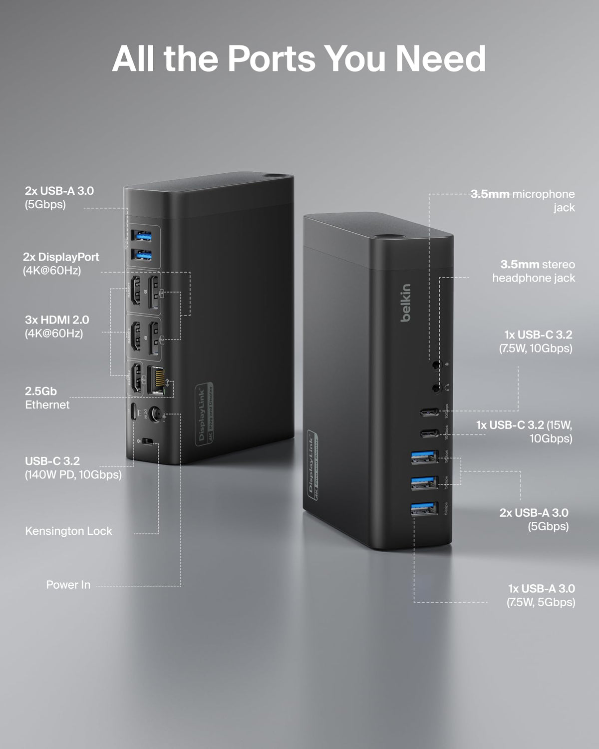 Belkin Connect 16-in-1 Docking Station 140W, Triple Display USB C Dock with 4K@60Hz Support, DisplayLink Technology, USB C Dock with 10Gbps Data Transfer, 2.5Gb Ethernet Port - Laptop Expansion Hub