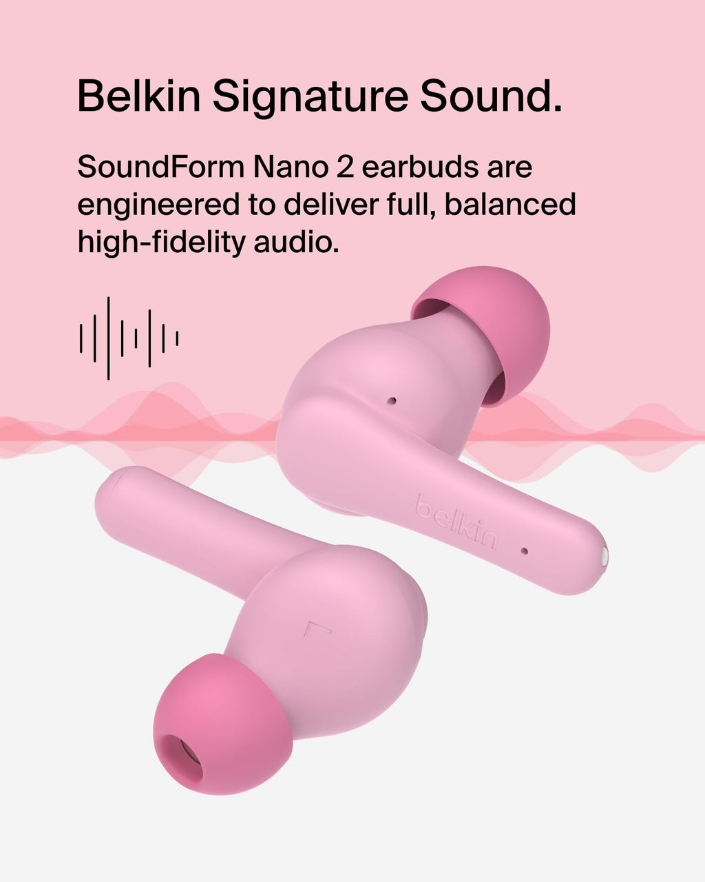 Belkin SoundForm Nano 2 Bluetooth Earbuds for Kids with Built-in Microphone, 28H Battery Life, Safe 85dB Volume, IPX5 Water Resistance - Kids Bluetooth Earbuds for iPhone, iPad, Galaxy, & More - Pink