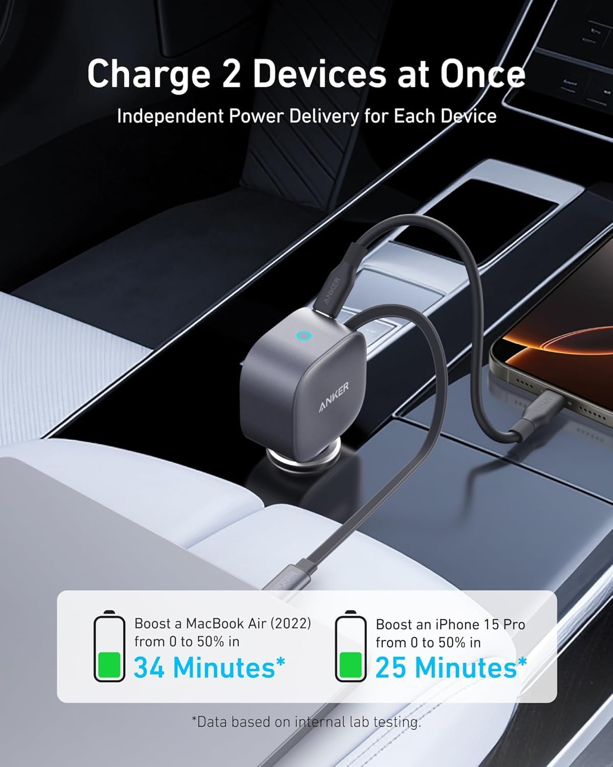 Anker Nano Car Charger (75W, USB-C Port, Built-in USB-C Cable)