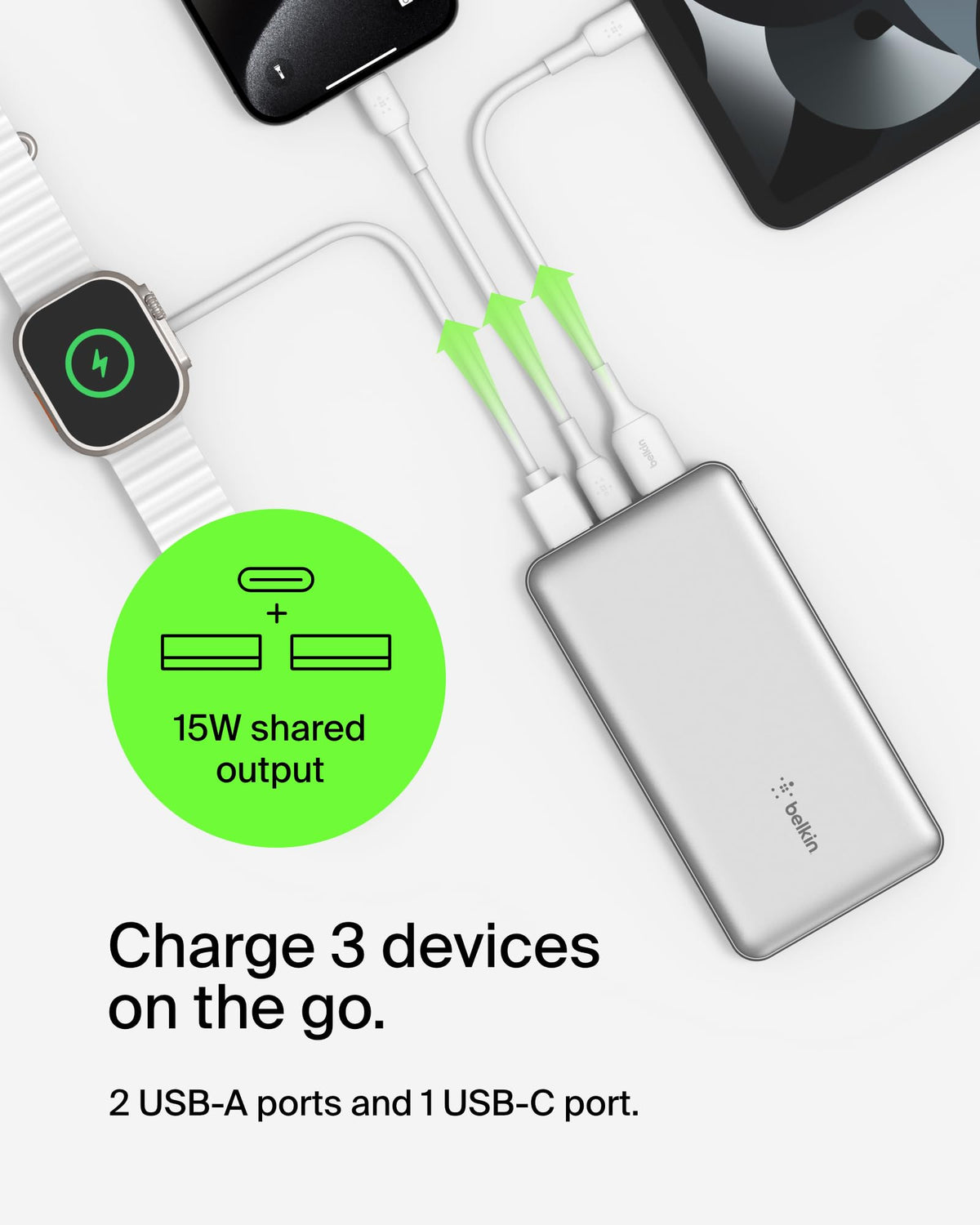 Belkin Portable Charger, USB-C Power Bank 10,000mAh w/ 1xUSB-C Port and 2xUSB-A Ports, 15W w/Type-C to Type-A Cable for iPhone 16, 16 Plus, Samsung Galaxy S25, Nintendo Switch 2 & More - Silver