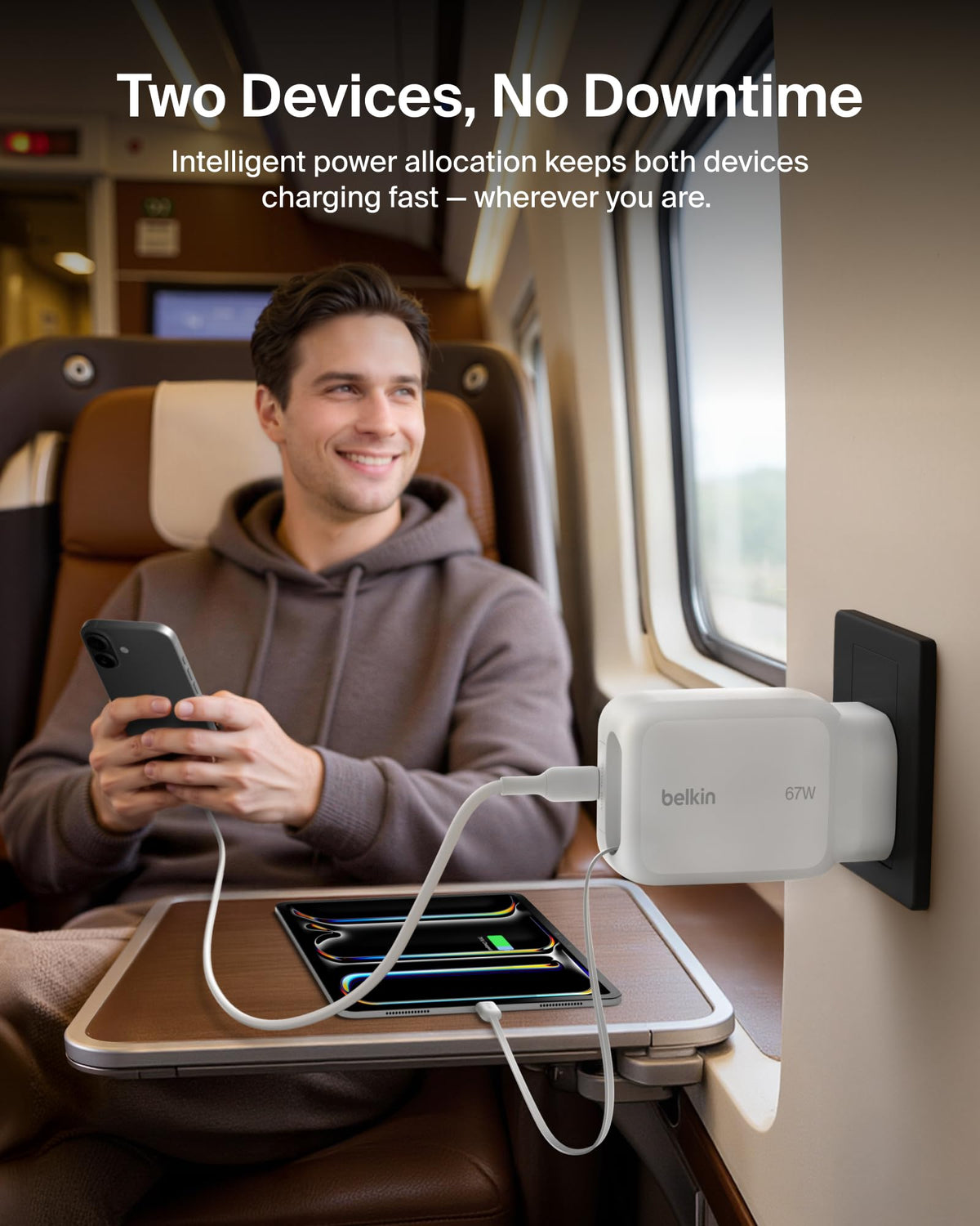 Belkin USB-C Charger Plug 67W with 3.3ft Retractable USB C Cable & USB C Port - GaN iPhone Charger, Fast Charging for iPhone 17 & 16 Series, Galaxy S26 Series, AirPods, Tablet, MacBook, Chromebook