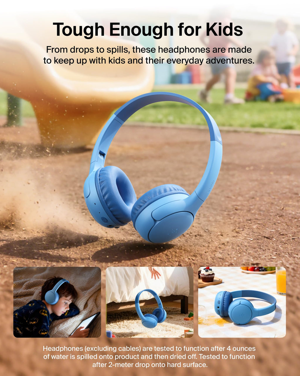 Belkin SoundForm Mini 2 Wireless Headphones for Kids, On-Ear Bluetooth Headphones, 55H Playtime, 85dB Safe Volume Limit, Built-in Microphone, Kids Earphones with Case for iPhone/iPad/Tablet - Blue