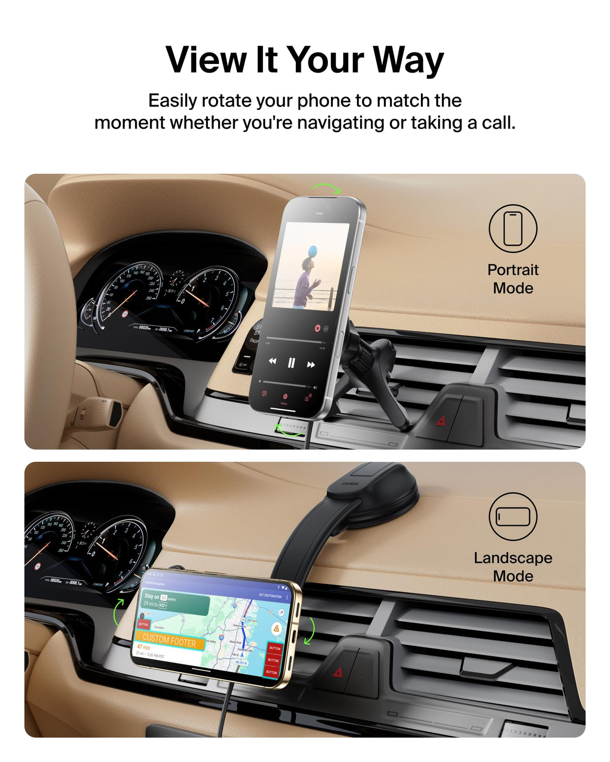 Belkin Wireless Car Charger, Magnetic Car Vent Mount & Dash Mount with USB C Cable, MagSafe Compatible Fast Charging for iPhone 17, Galaxy S25, Pixelsnap, & More - Qi2 Travel Car Accessories - Black