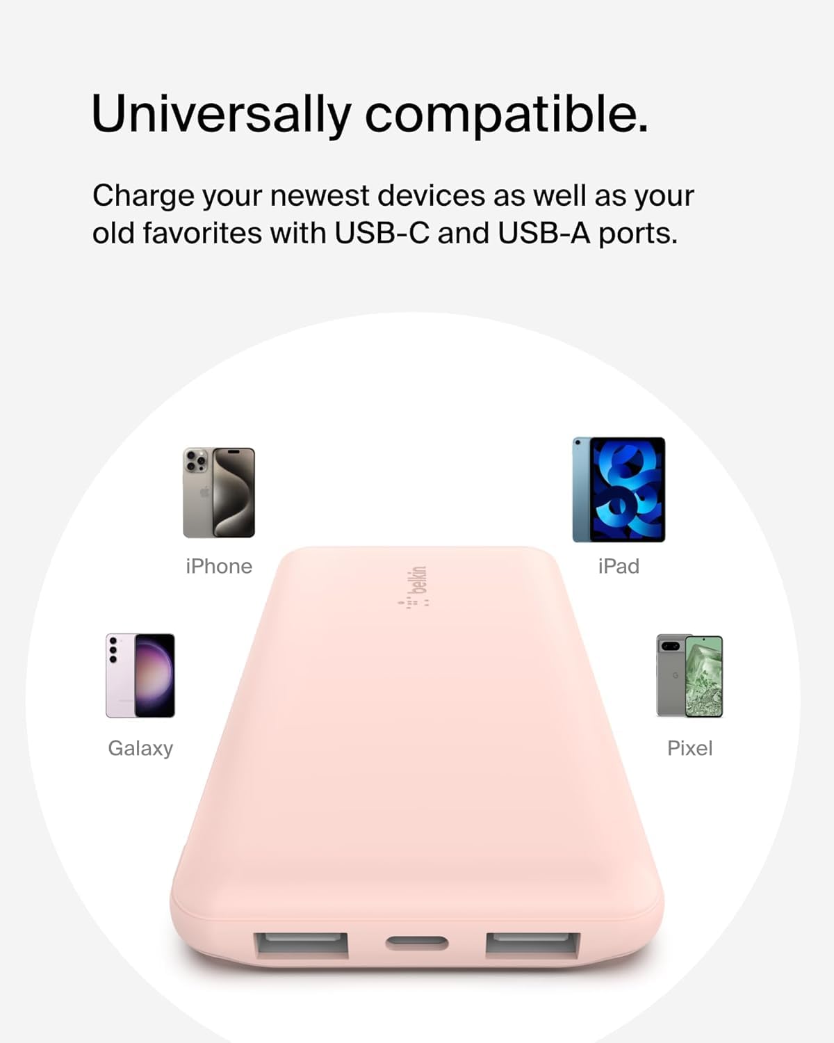 Belkin 10000mAh portable power bank, 10K USB-C portable charger with 1 USB-C port and 2 USB-A ports, battery pack for up to 15W charging for iPhone, Samsung Galaxy, AirPods, iPad, and more - Rose Gold