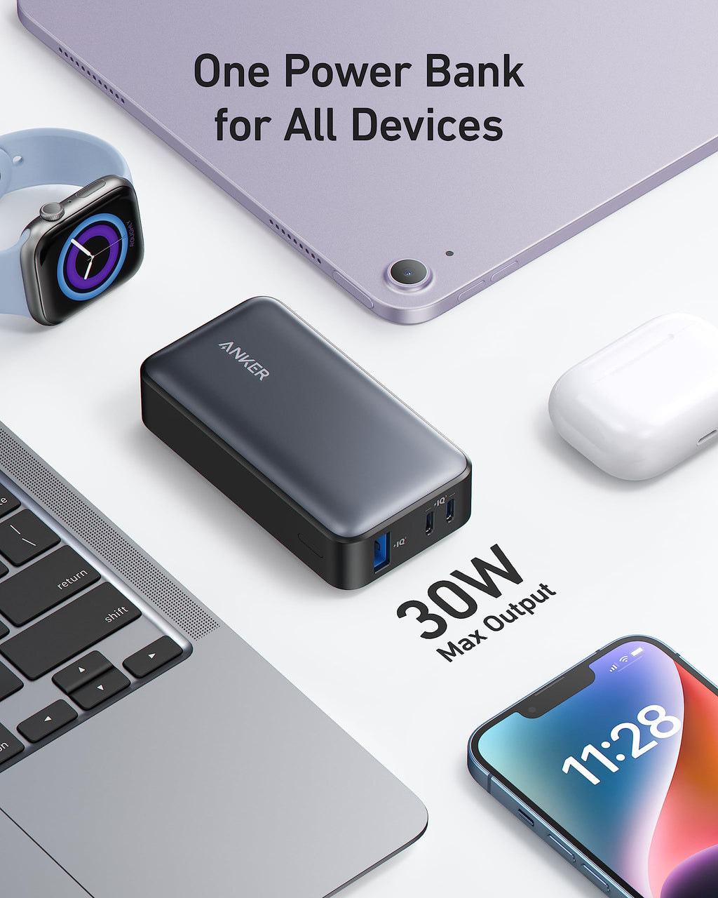 Anker Power Bank, 533 Power Bank (PowerCore 30W), Power IQ 3.0 Portable Charger with PD 30W Max Output, 10,000mAh Battery Pack for iPhone 16/15/14/13 Series, Dell, Microsoft Surface, iPad Pro,and More